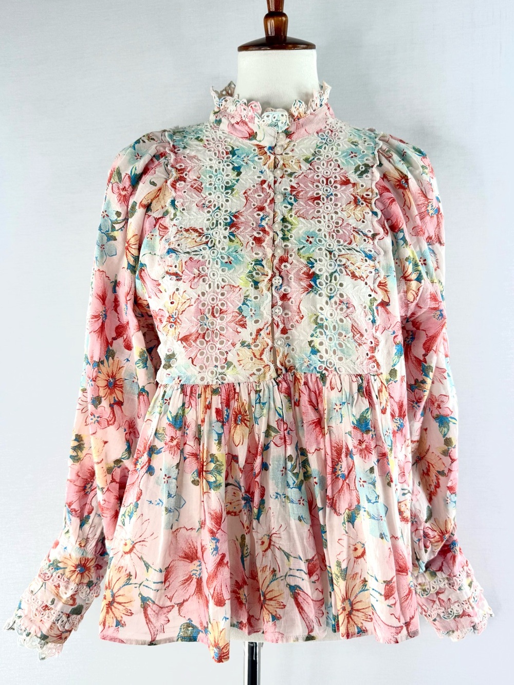 byTiMo "The blouses of life" Pink Floral Eyelet Lace-Trim Cotton Slub Blouse